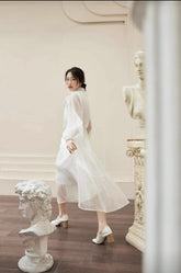 Sheer Organza Long Sleeve Midi Dress with Tiered Skirt and Bow Collar Detail